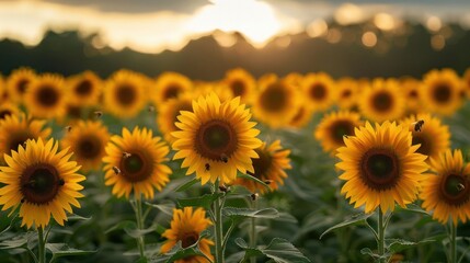 Obraz premium A field of sunflowers bathed in the warm glow of the setting sun, with bees buzzing around the flowers.