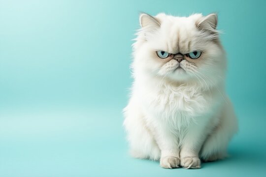 Grumpy white Persian cat with teal background, close-up
