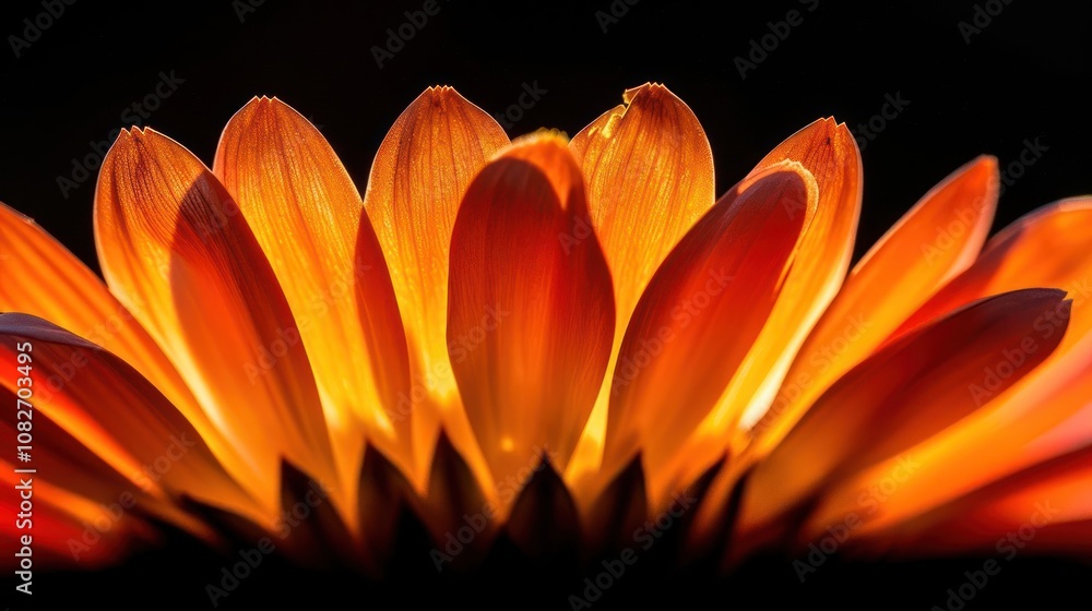 Poster a close-up of an orange flower with delicate petals illuminated from behind, creating a glowing effe