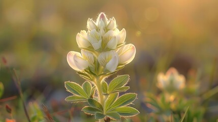 Fototapeta premium A single white flower with a blurred background of green grass and golden sunlight.