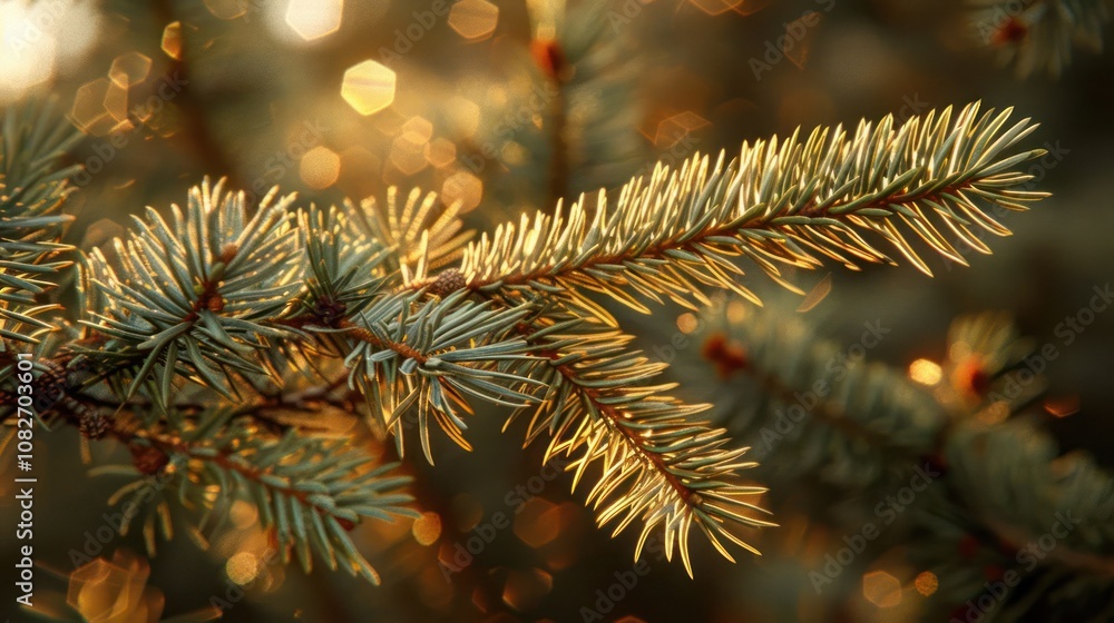 Poster close-up of a pine branch with sunlit bokeh in the background.