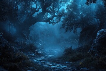 Obraz premium Cobblestone path leading into dark and foggy forest at night