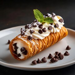 A delicious cannoli dessert topped with chocolate chips and whipped cream, garnished with mint leaves, served on a white plate.