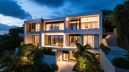 Fototapeta premium Elegant Nighttime Scene of a Luxury Home Exterior with Illuminated Windows