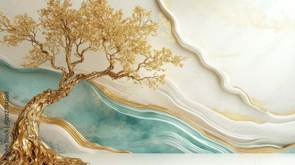 Poster elegant golden tree with abstract flowing background in soft tones, perfect for a calm and serene in