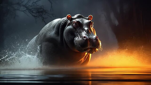 Hippopotamus submerged in a misty river during golden hour, wild animal in natural habitat at sunrise. Created with generative AI