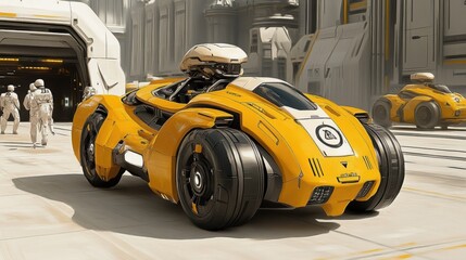 Futuristic Yellow Race Car Sci Fi Vehicle Modern City Spaceship Garage