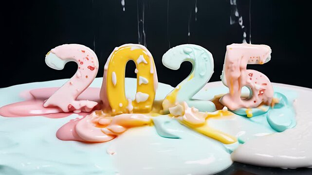 New Year, number 2025, made with candy and cookies. Created with Generative AI.