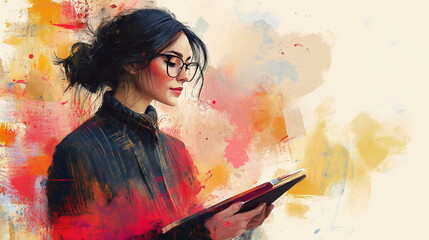 A young woman with dark hair and glasses reads a book against a colorful background. The image has a soft, whimsical feel.
