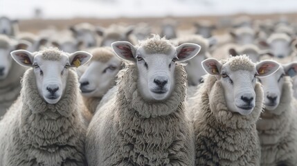 Fototapeta premium A group of sheep standing in a field, looking directly at the camera.