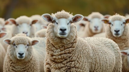 Fototapeta premium A flock of sheep stand in a field, with one sheep in the foreground looking directly at the camera.