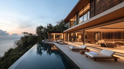 Fototapeta premium Modern luxury villa with infinity pool overlooking ocean, featuring outdoor lounge area and large windows at sunset, surrounded by lush greenery.