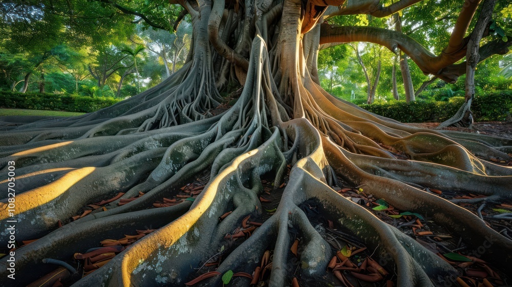 Poster a close-up view of the intricate root system of a large tree, showcasing the strength and beauty of 