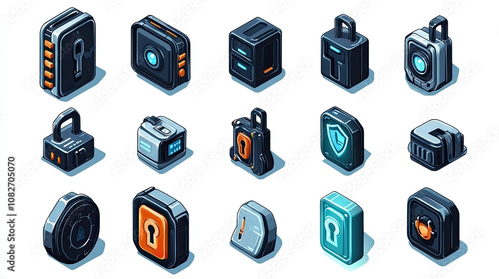 Aufkleber collection of secure lock and vault icons in modern flat design, featuring various shapes and styles