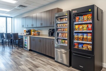 Modern office break room offering vending machines and refreshments