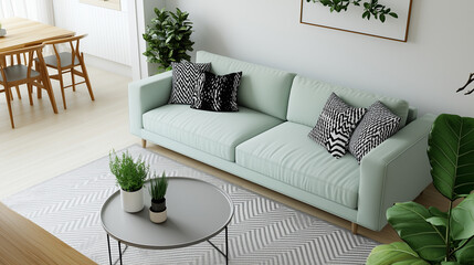 Stylish Scandinavian Living Room with Mint Sofa and Plants