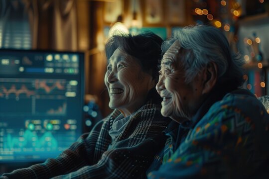 Retirement Planning and Financial LiteracyA joyful elderly couple smiles while looking at a computer screen in a cozy, warmly lit room filled with festive decorations.
