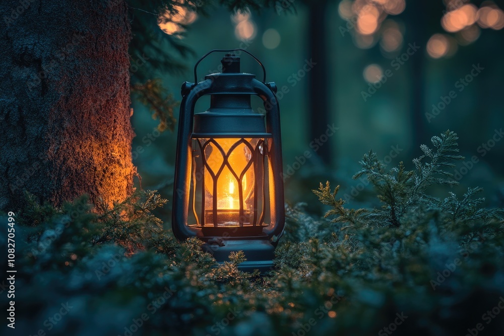 Poster kerosene lamp illuminating mysterious forest at twilight