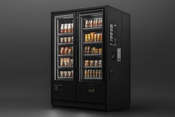 Modern black vending machine displaying various food and drink products