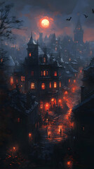 Fototapeta premium Illustration - Gothic Town on Halloween Night with Bats and Full Moon