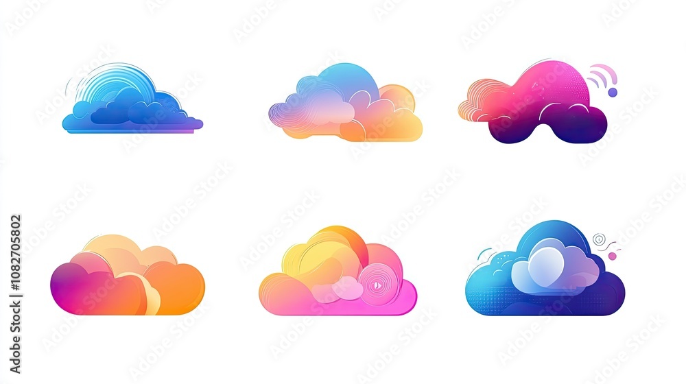 Poster collection of colorful cloud illustrations with soft gradients and playful designs for use in digita