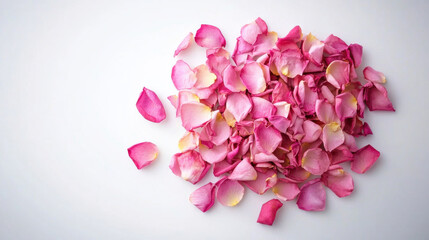 Fototapeta premium Delicate pink rose petals scattered on white background create serene and romantic atmosphere, perfect for various decorative uses