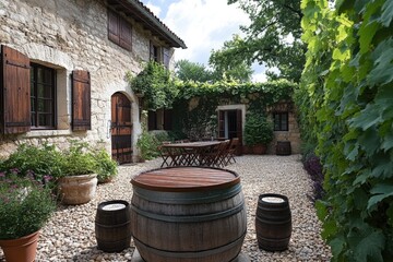 Naklejka premium Wine barrels decorating a rustic courtyard in front of a stone house