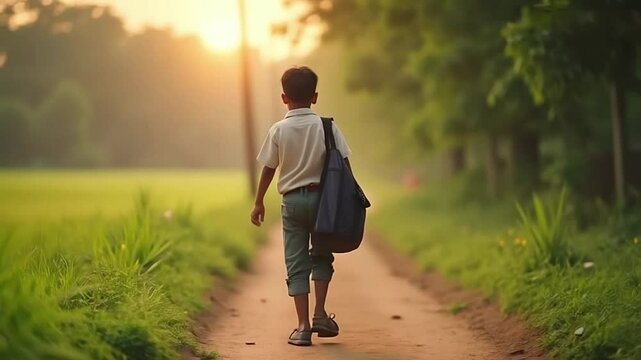 Schoolboy Heading Home with Backpack, Journey to School A Peaceful Morning Walk.