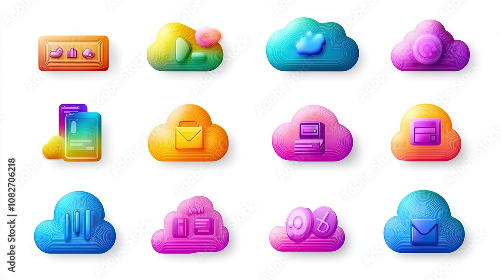 Poster colorful cloud icons set for digital applications, featuring various functions including data manage