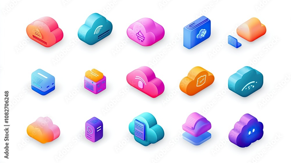 Poster colorful cloud icons set featuring modern illustrations for data storage, technology, networking, an