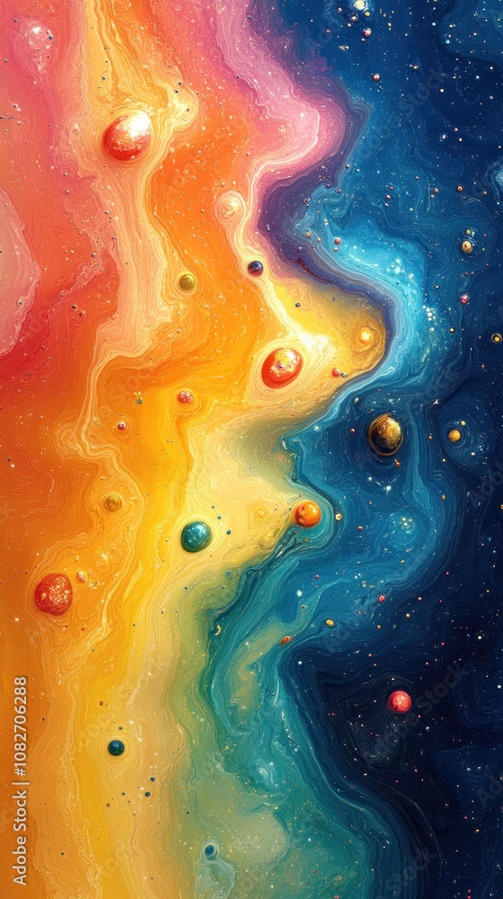 Poster abstract cosmic design with vibrant colors and celestial elements.
