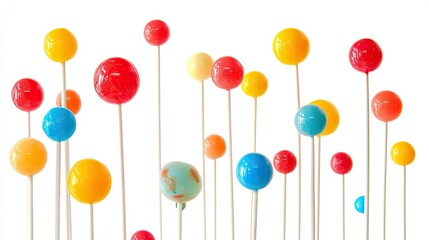 Colorful Lollipops on Sticks Creating a Playful and Vibrant Background with Bright Red, Blue, Yellow, and White Spheres for Creative and Fun Visuals