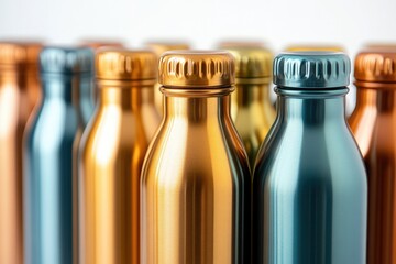 Obraz premium Many reusable stainless steel water bottles standing in a row, promoting sustainability and eco-conscious hydration