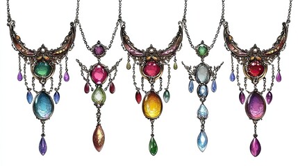 Exquisite Vintage Necklaces with Colorful Gemstones in Elegant Design Displayed on a White Background, Perfect for Fashion, Jewelry Lovers, and Artistic Projects