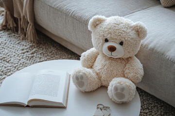 Fototapeta premium Cozy teddy bear on table with book, perfect for home decoration