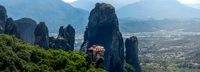 View from the top over the town of Kalabaka in Greece. Pulblic monasteries built on top of meteora...