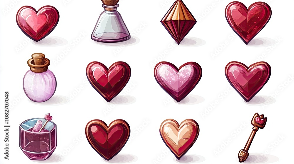 Poster colorful collection of heart and potion icons in a playful style for game design and digital art pro