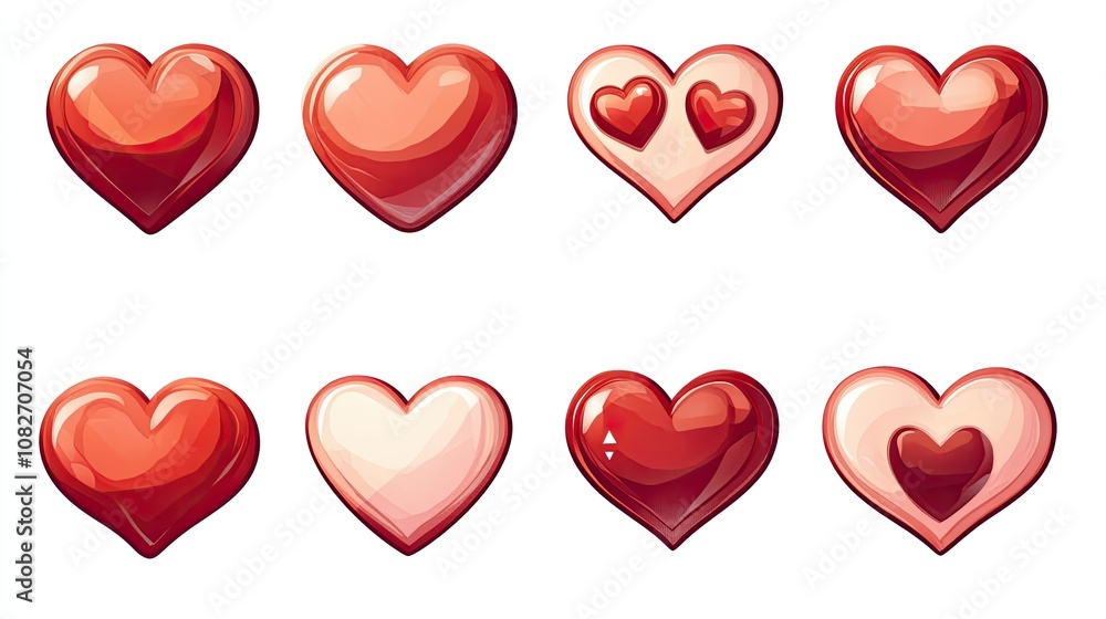 Aufkleber set of colorful heart icons in various designs and styles for use in digital and print media, perfec