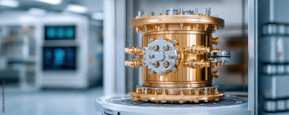 Poster a close-up of a complex, golden scientific device, showcasing intricate design and advanced technolo
