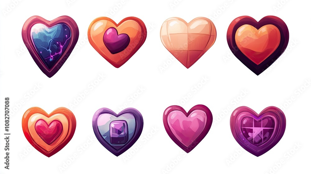 Poster a collection of colorful heart icons featuring various styles and textures, perfect for love-themed 