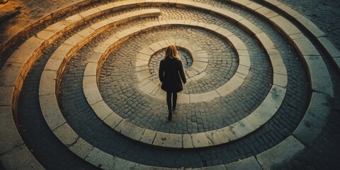 A person walking in a spiral-shaped path, symbolizing the cyclical nature of anxious thoughts