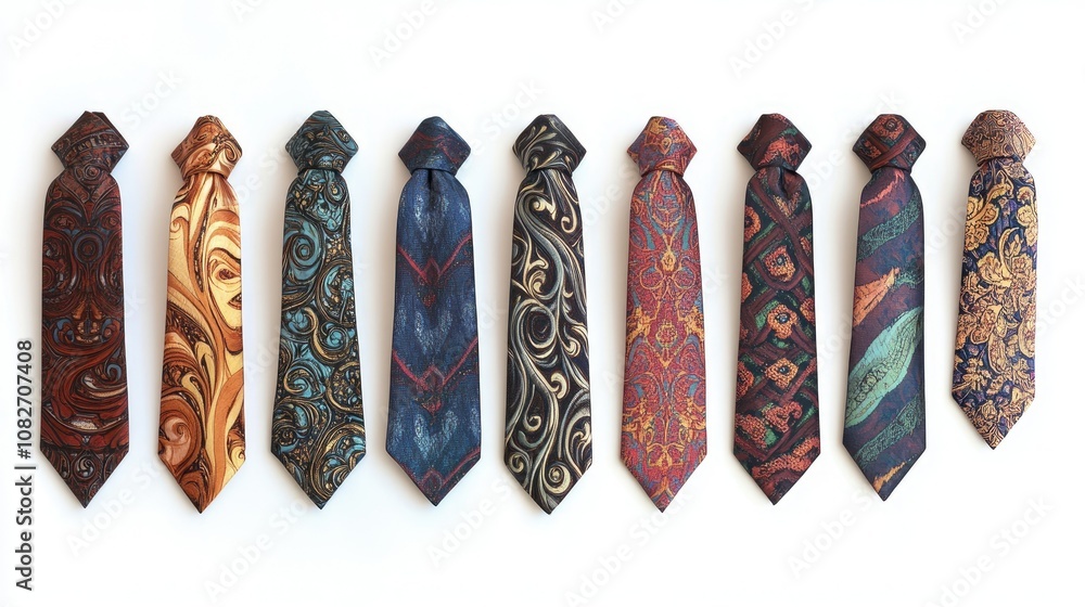 Poster a collection of elegant ties displaying intricate patterns and rich colors for formal events, busine