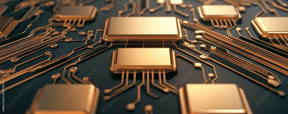 Poster a close-up view of a circuit board featuring intricate patterns of gold connectors and microchips ag