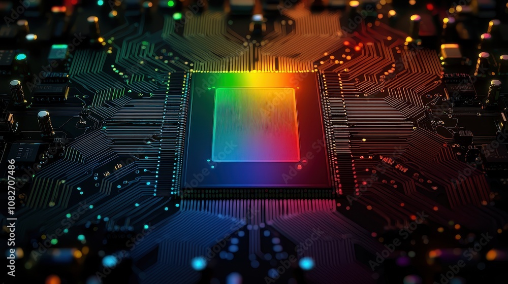 Poster a vibrant, high-tech close-up of a microchip with colorful elements, showcasing intricate circuitry 