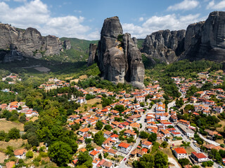 Town of Kalabaka with monasteries on meteora rocks. This is in Greece. The monasteries are public...