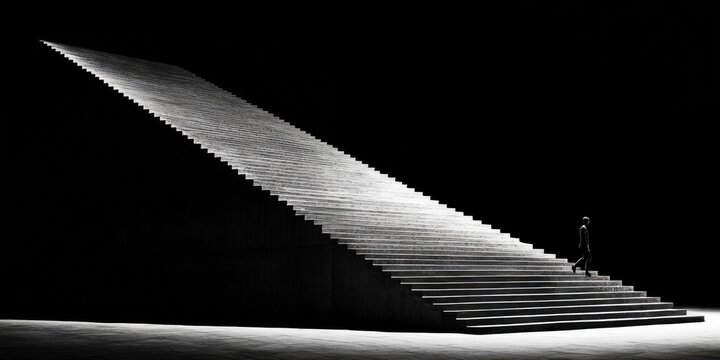 A person walking up a long staircase that fades into darkness, symbolizing the daunting journey through anxiety