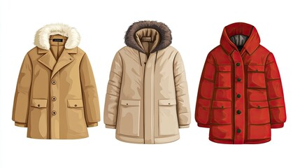 Collection of Stylish Winter Outerwear Featuring Three Distinct Coats in Various Colors and Textures for Cold Weather Fashion and Comfort