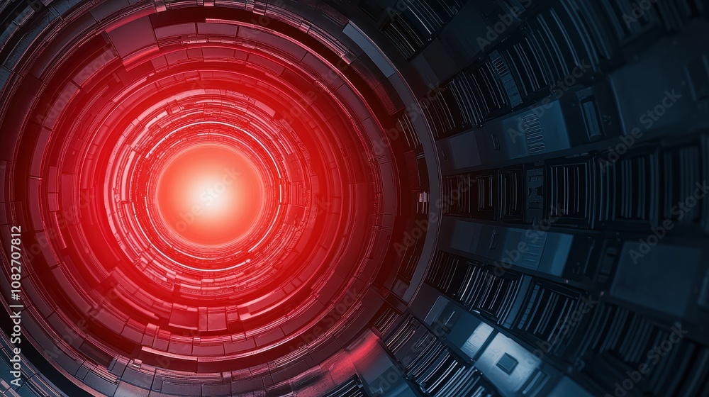 Poster a circular tunnel with a glowing red core, surrounded by dark, technologically advanced structures, 