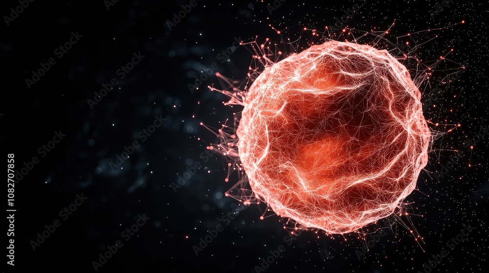 Poster a glowing, spherical structure with vibrant red energy and intricate patterns, set against a dark ba