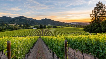 Fototapeta premium A charming countryside vineyard surrounded by rolling hills and grapevines in soft evening light